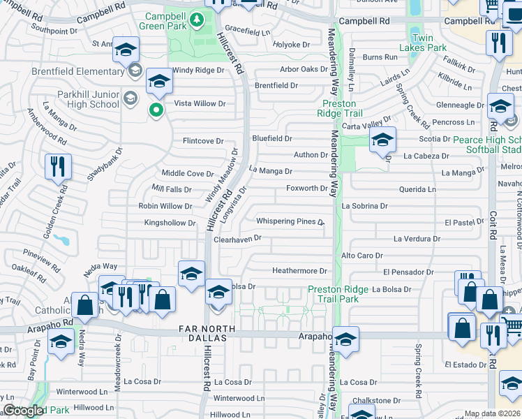 map of restaurants, bars, coffee shops, grocery stores, and more near 7222 La Sobrina Drive in Dallas