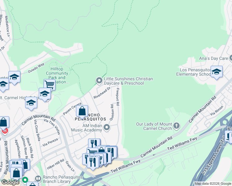 map of restaurants, bars, coffee shops, grocery stores, and more near 13868 Freeport Road in San Diego