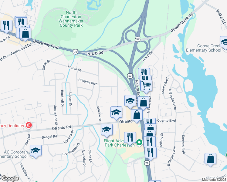 map of restaurants, bars, coffee shops, grocery stores, and more near 8752 Jessica Court in North Charleston