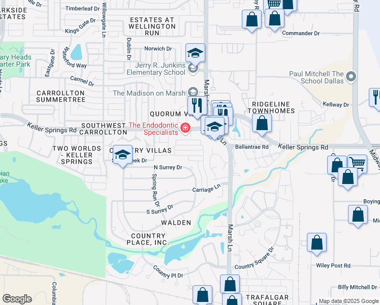map of restaurants, bars, coffee shops, grocery stores, and more near 2835 Prescott Drive in Carrollton