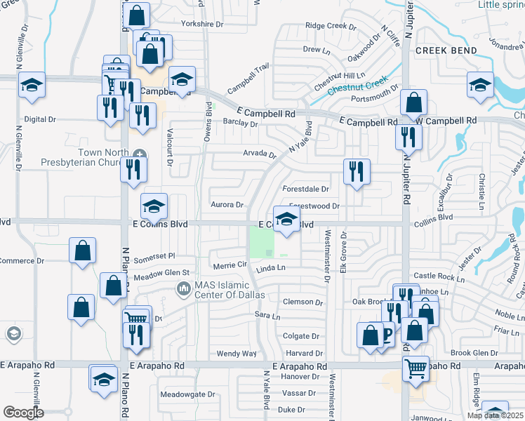 map of restaurants, bars, coffee shops, grocery stores, and more near 1605 Richforest Drive in Richardson