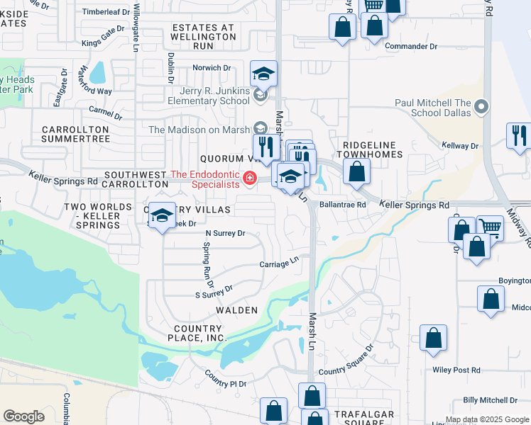 map of restaurants, bars, coffee shops, grocery stores, and more near 2835 Prescott Drive in Carrollton