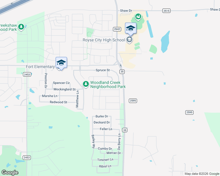 map of restaurants, bars, coffee shops, grocery stores, and more near 3316 Fort Street in Royse City