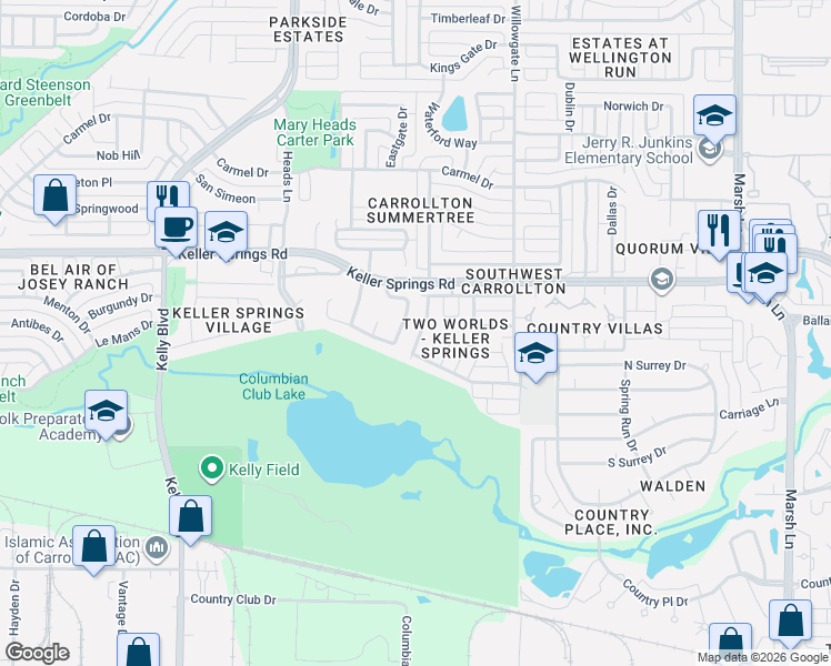 map of restaurants, bars, coffee shops, grocery stores, and more near 2104 Via Estrada in Carrollton