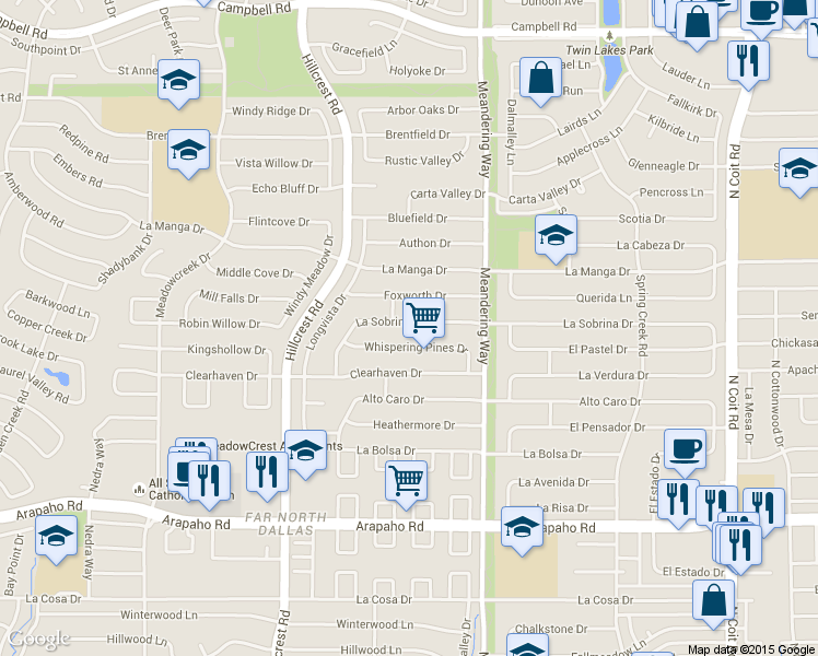 map of restaurants, bars, coffee shops, grocery stores, and more near 7316 La Sobrina Drive in Dallas