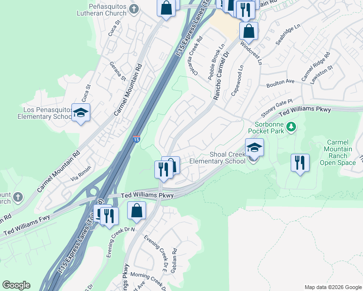 map of restaurants, bars, coffee shops, grocery stores, and more near 11216 Western Gailes Row in San Diego