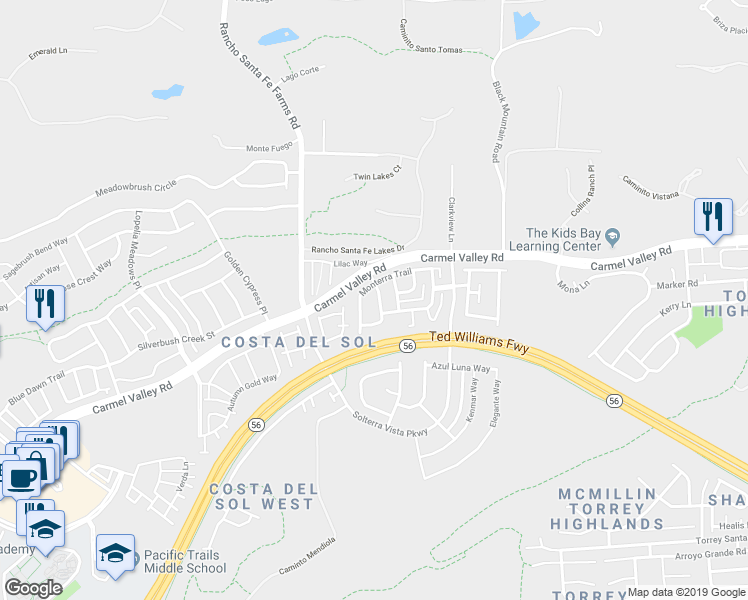 map of restaurants, bars, coffee shops, grocery stores, and more near 13596 Morado Trail in San Diego