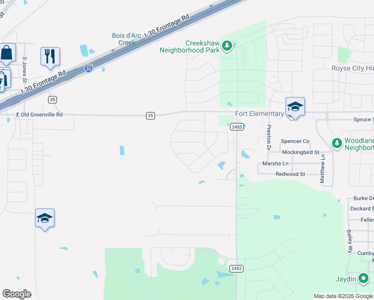 map of restaurants, bars, coffee shops, grocery stores, and more near 482 Farm to Market Road 2453 in Royse City