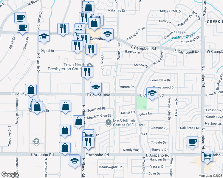 map of restaurants, bars, coffee shops, grocery stores, and more near 1604 Montclair Drive in Richardson