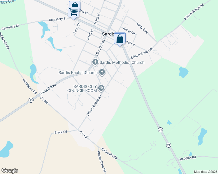 map of restaurants, bars, coffee shops, grocery stores, and more near 1118 Ellison Bridge Road in Sardis
