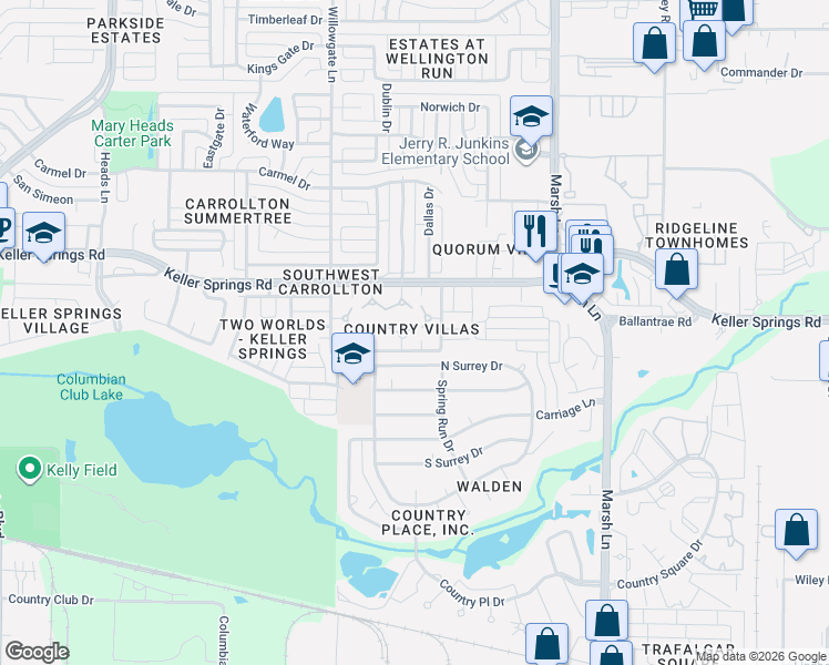 map of restaurants, bars, coffee shops, grocery stores, and more near 2716 Creekwood Court in Carrollton