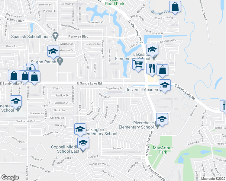 map of restaurants, bars, coffee shops, grocery stores, and more near 923 Sugarberry Drive in Coppell