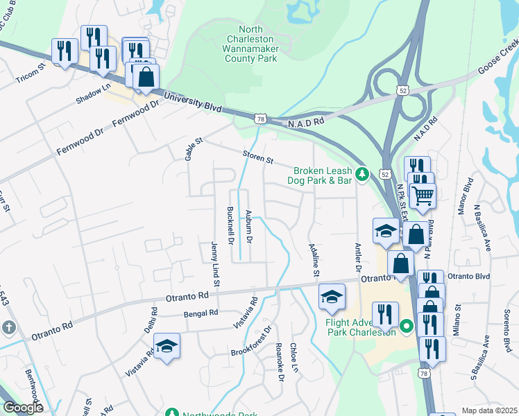 map of restaurants, bars, coffee shops, grocery stores, and more near 8769 Tigershark Avenue in North Charleston