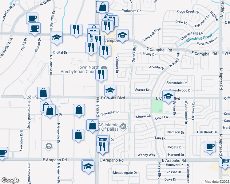 map of restaurants, bars, coffee shops, grocery stores, and more near 1605 Versailles Drive in Richardson
