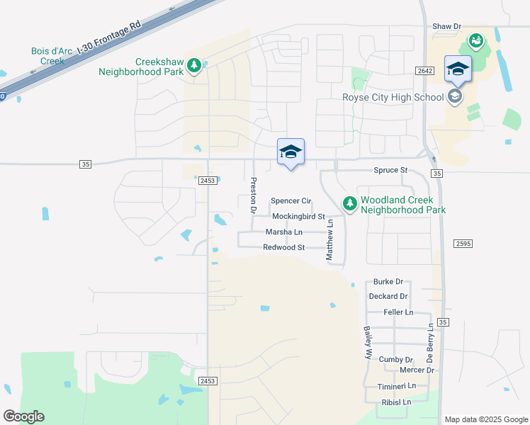 map of restaurants, bars, coffee shops, grocery stores, and more near 804 Preston Drive in Royse City