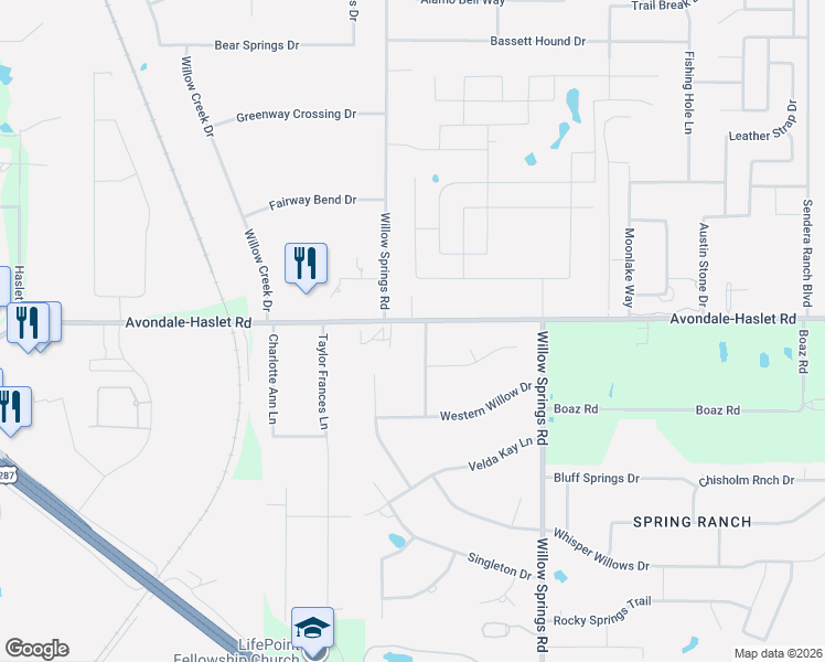 map of restaurants, bars, coffee shops, grocery stores, and more near 13159 Willow Ranch Way in Haslet