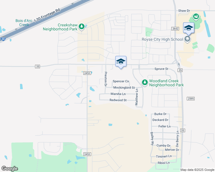 map of restaurants, bars, coffee shops, grocery stores, and more near 804 Preston Drive in Royse City