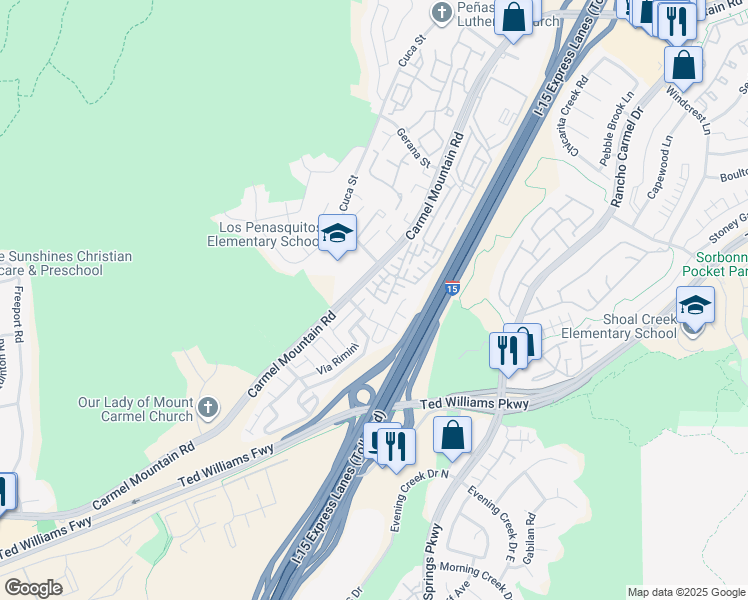 map of restaurants, bars, coffee shops, grocery stores, and more near 10709 Audrey Way in San Diego