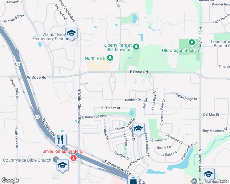 map of restaurants, bars, coffee shops, grocery stores, and more near 2109 Canyon Park Drive in Southlake