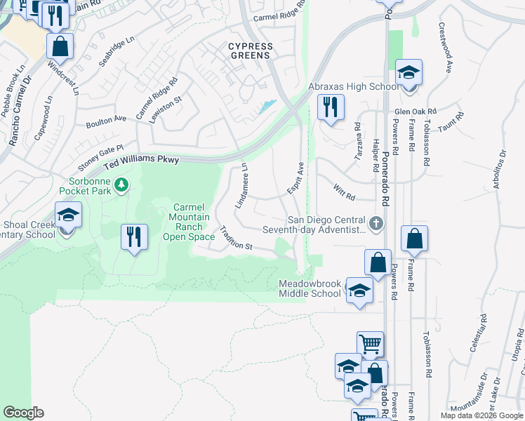 map of restaurants, bars, coffee shops, grocery stores, and more near 12150 Coldwater Court in San Diego