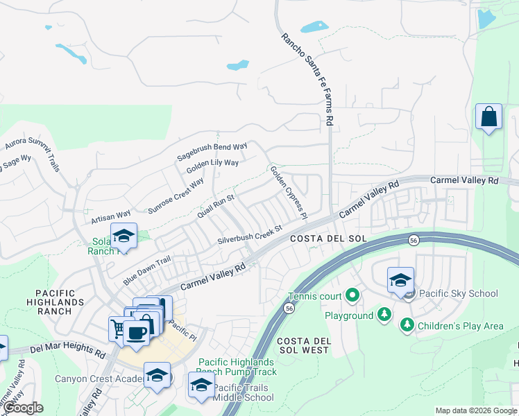 map of restaurants, bars, coffee shops, grocery stores, and more near 13574 Arroyo Dale Lane in San Diego