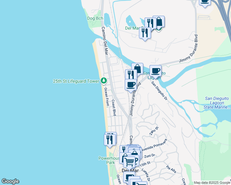 map of restaurants, bars, coffee shops, grocery stores, and more near 226 23rd Street in Del Mar