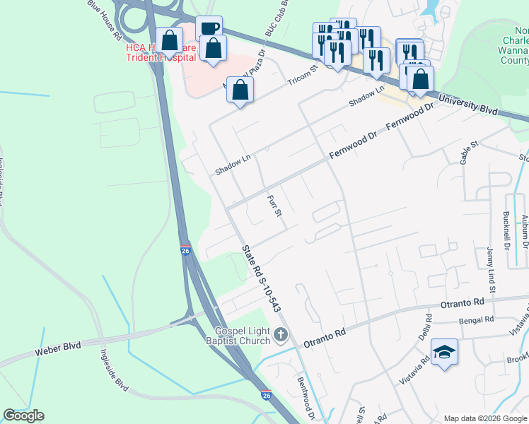 map of restaurants, bars, coffee shops, grocery stores, and more near 8966 Buck Run Court in North Charleston