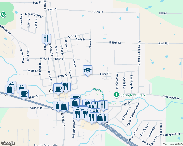 map of restaurants, bars, coffee shops, grocery stores, and more near 421 East 3rd Street in Springtown