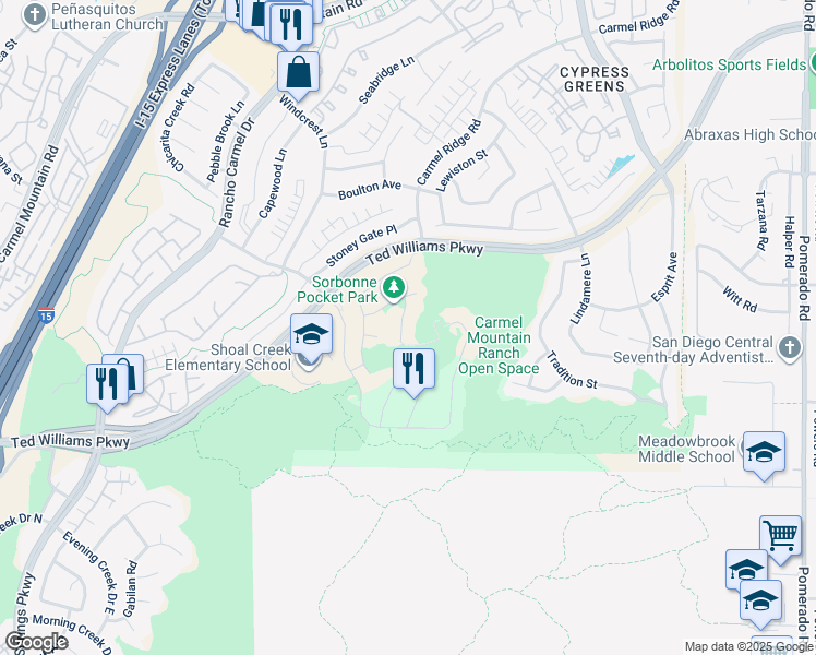 map of restaurants, bars, coffee shops, grocery stores, and more near 13737 Sorbonne Court in San Diego