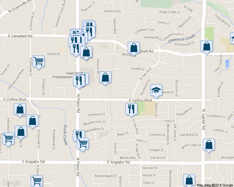 map of restaurants, bars, coffee shops, grocery stores, and more near 1621 Aurora Dr in Richardson