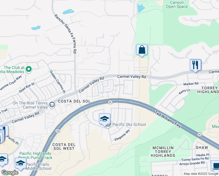 map of restaurants, bars, coffee shops, grocery stores, and more near Dondero Place in San Diego