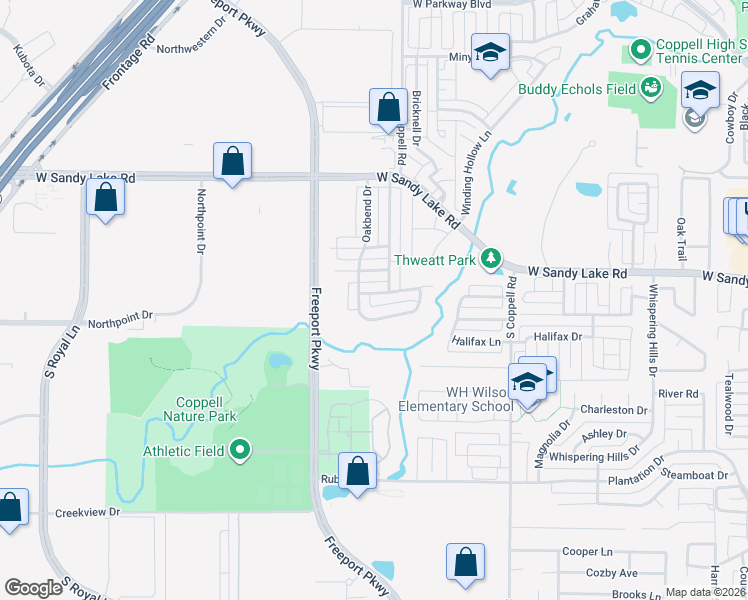 map of restaurants, bars, coffee shops, grocery stores, and more near 633 Autumnwood Lane in Coppell