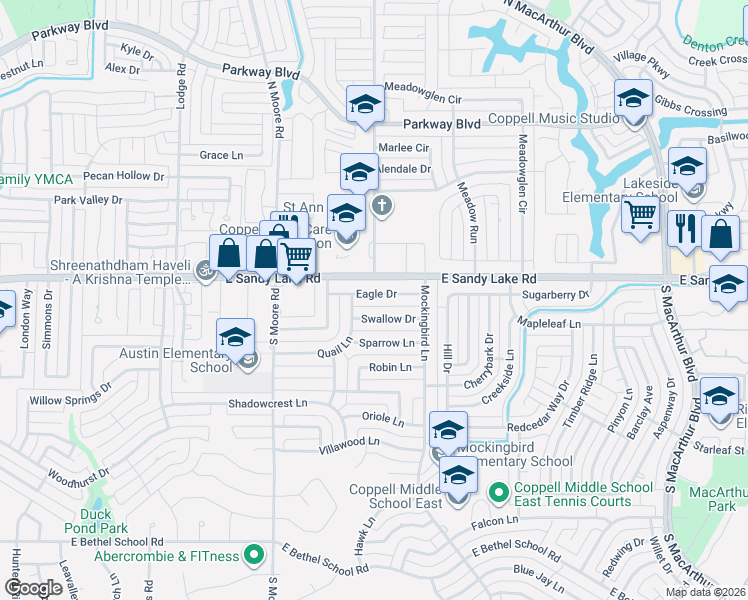 map of restaurants, bars, coffee shops, grocery stores, and more near 729 Eagle Drive in Coppell