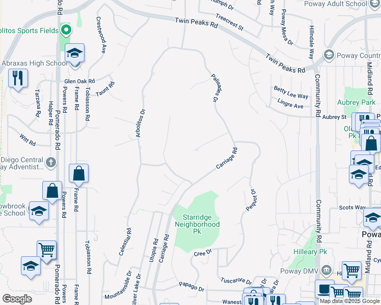 map of restaurants, bars, coffee shops, grocery stores, and more near 12800 Rockwell Court in Poway