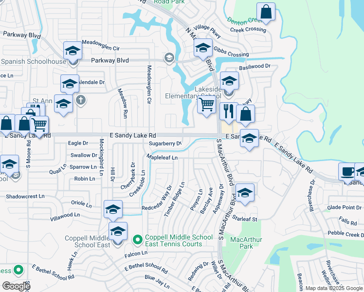 map of restaurants, bars, coffee shops, grocery stores, and more near 941 Sugarberry Drive in Coppell