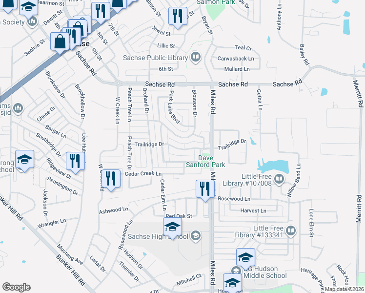 map of restaurants, bars, coffee shops, grocery stores, and more near 3716 Trailridge Drive in Sachse