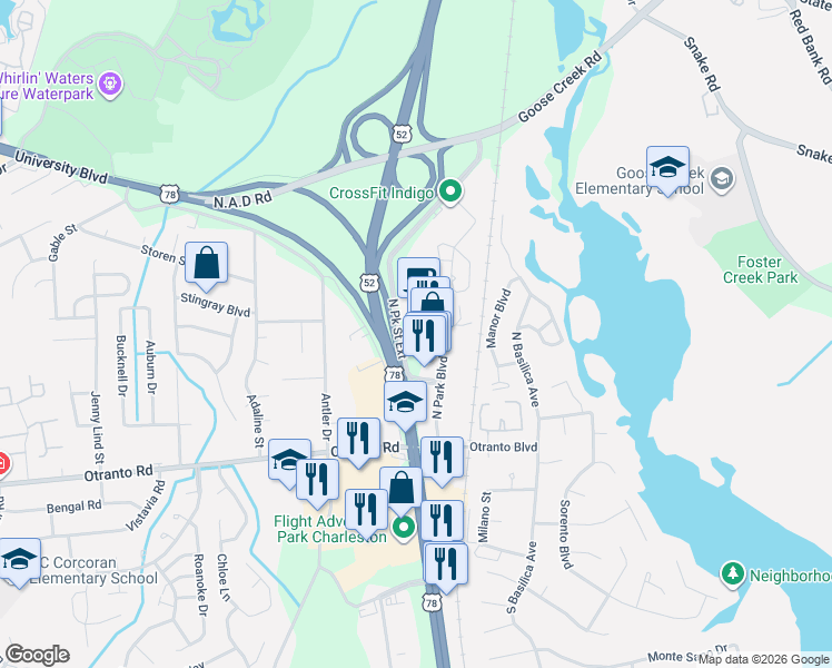 map of restaurants, bars, coffee shops, grocery stores, and more near 8780 Rivers Avenue in North Charleston