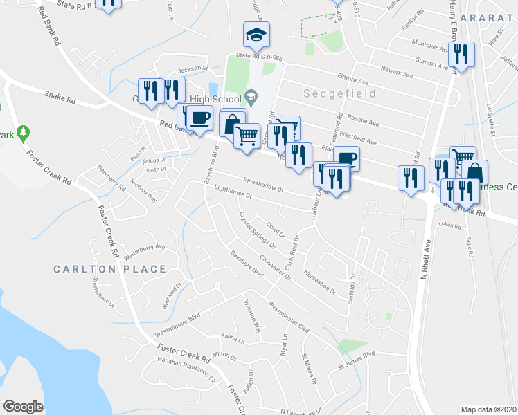 map of restaurants, bars, coffee shops, grocery stores, and more near 20 Coral Drive in Goose Creek