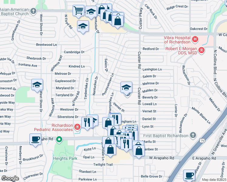 map of restaurants, bars, coffee shops, grocery stores, and more near 1316 Hampshire Lane in Richardson