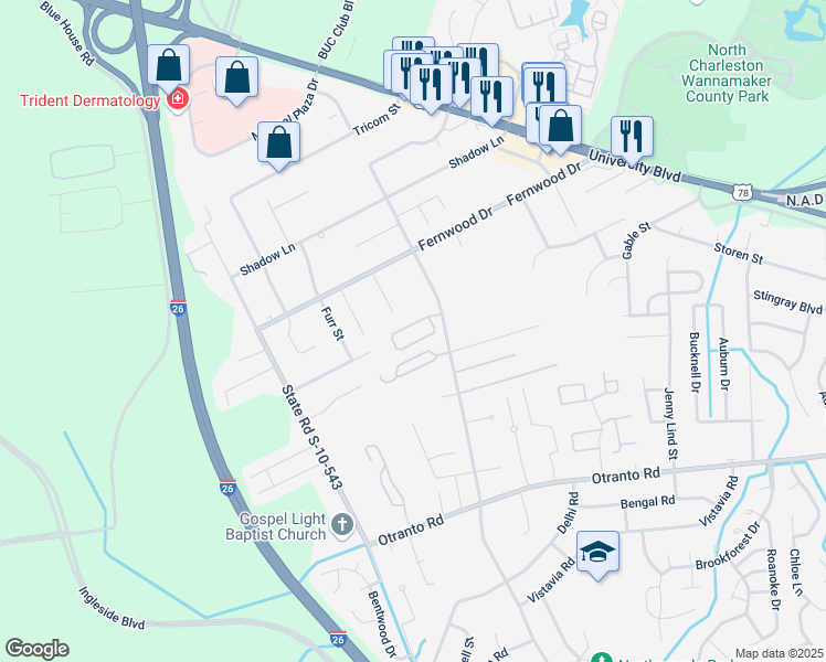 map of restaurants, bars, coffee shops, grocery stores, and more near 8907 Deerwood Drive in North Charleston