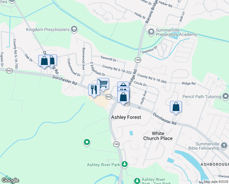 map of restaurants, bars, coffee shops, grocery stores, and more near 113 County Road S-18-242 in Summerville