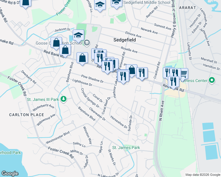 map of restaurants, bars, coffee shops, grocery stores, and more near 3 Lighthouse Drive in Goose Creek
