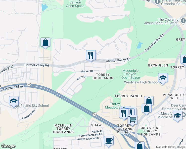 map of restaurants, bars, coffee shops, grocery stores, and more near 13896 Kerry Lane in San Diego