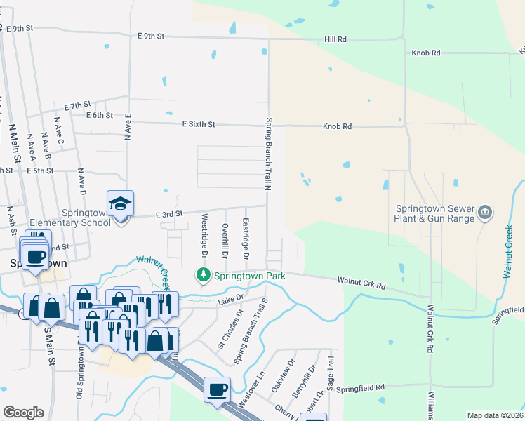 map of restaurants, bars, coffee shops, grocery stores, and more near 213 Spring Branch Trail North in Springtown