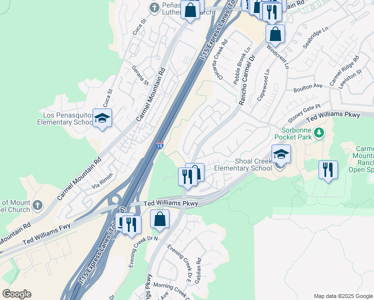 map of restaurants, bars, coffee shops, grocery stores, and more near 10272 Rancho Carmel Drive in San Diego