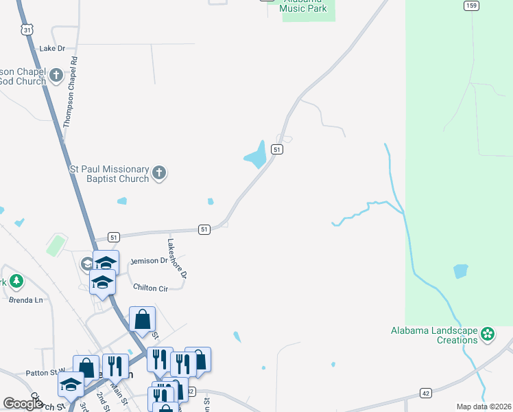 map of restaurants, bars, coffee shops, grocery stores, and more near 16731 County Road 51 in Jemison