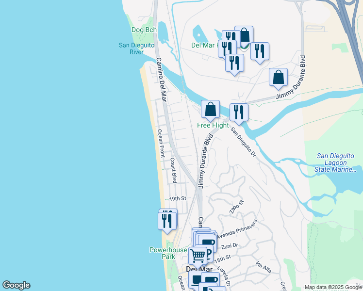 map of restaurants, bars, coffee shops, grocery stores, and more near 226 23rd Street in Del Mar