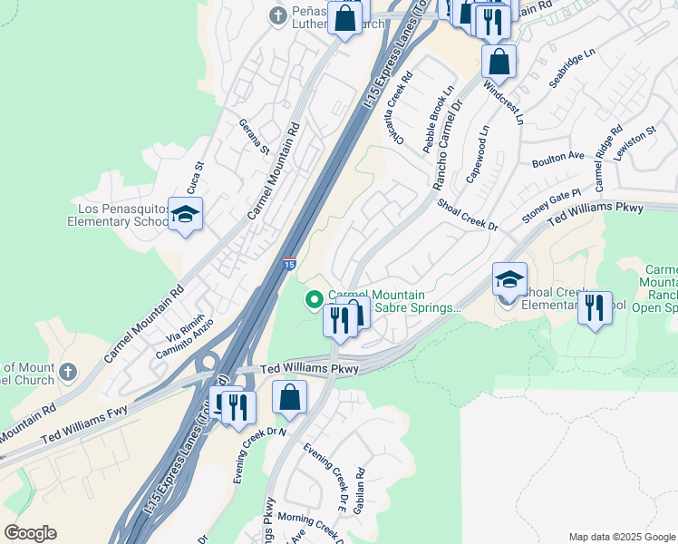 map of restaurants, bars, coffee shops, grocery stores, and more near 10222 Rancho Carmel Drive in San Diego