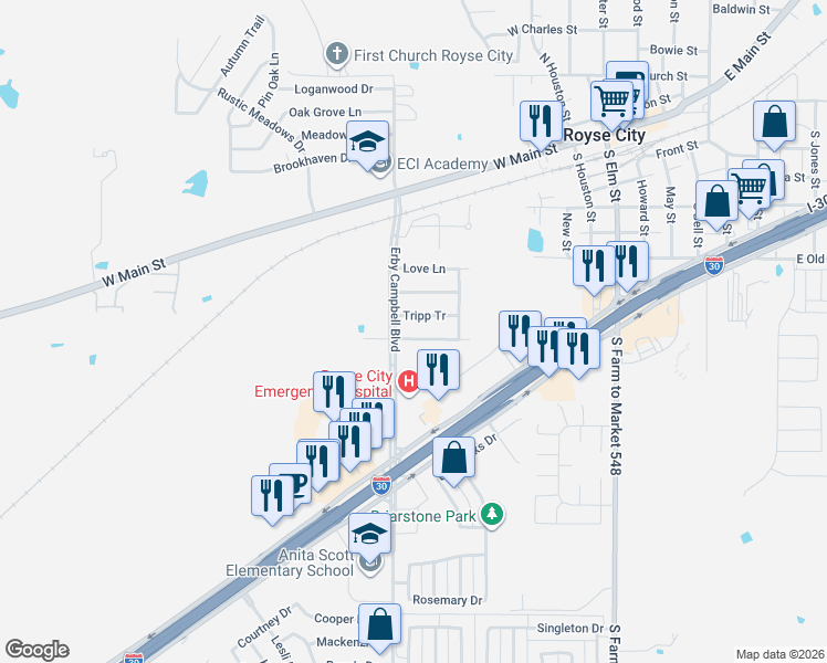 map of restaurants, bars, coffee shops, grocery stores, and more near 620 Dyann Drive in Royse City