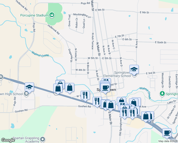 map of restaurants, bars, coffee shops, grocery stores, and more near 308 West 3rd Terrace in Springtown